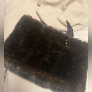 Brown Faux Fur Tote with Wooden Handles/Large Winter Bag